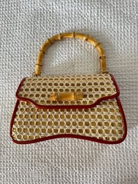 Woven Bamboo-Handle Mini Bag in Cream with Red Trim